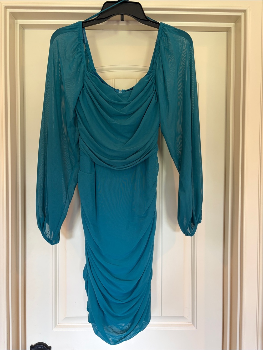 Teal Draped Long-Sleeve Women's Dress